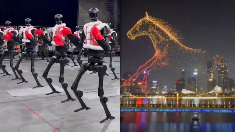 चीन में स्प्रिंग फेस्टिवल के दौरान डांसिंग रोबोट और ड्रोन शो का शानदार प्रदर्शन